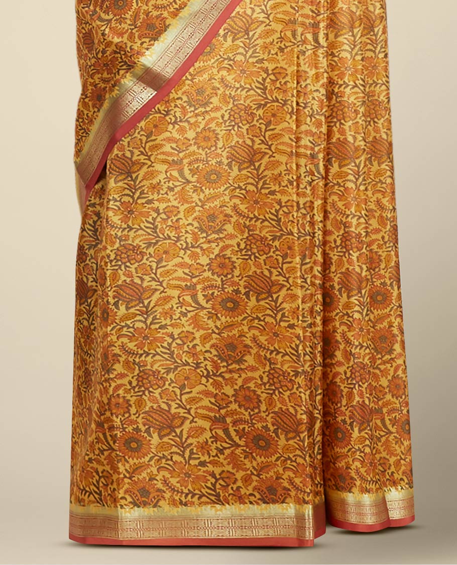 orange  floral printed silk saree with contrast intricate zari design border