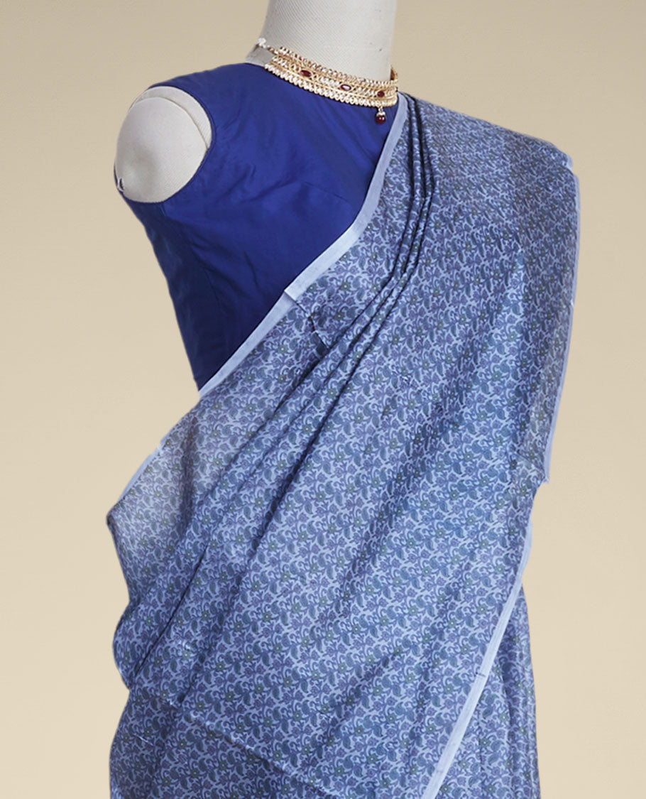 Blue floral design printed silk saree with contrast plain border