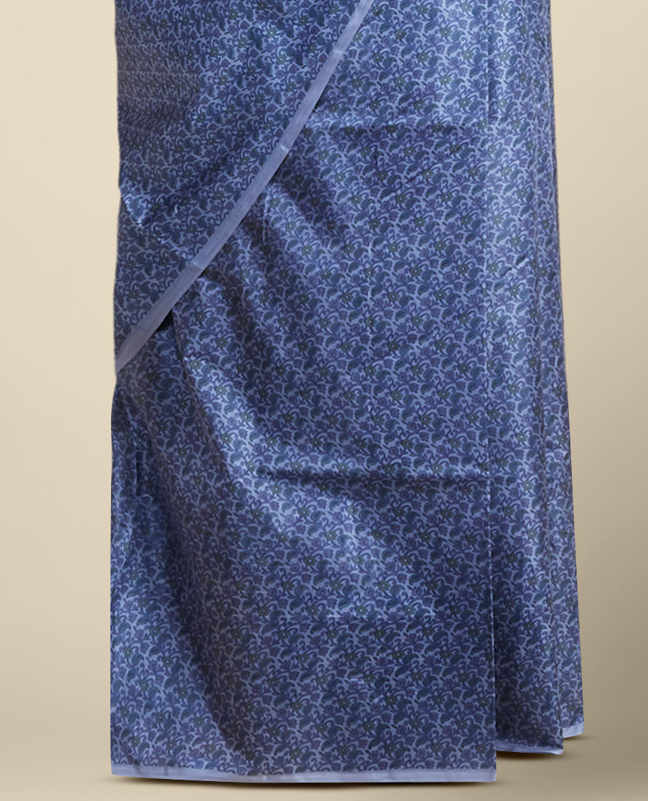 Blue floral design printed silk saree with contrast plain border