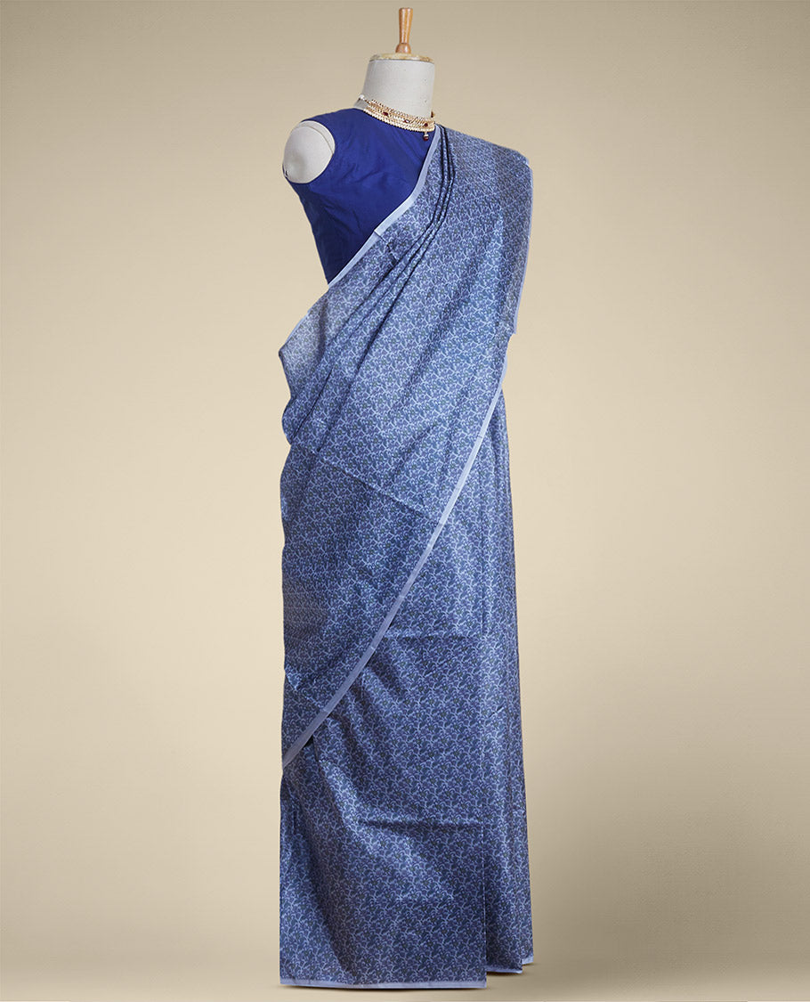 Blue floral design printed silk saree with contrast plain border
