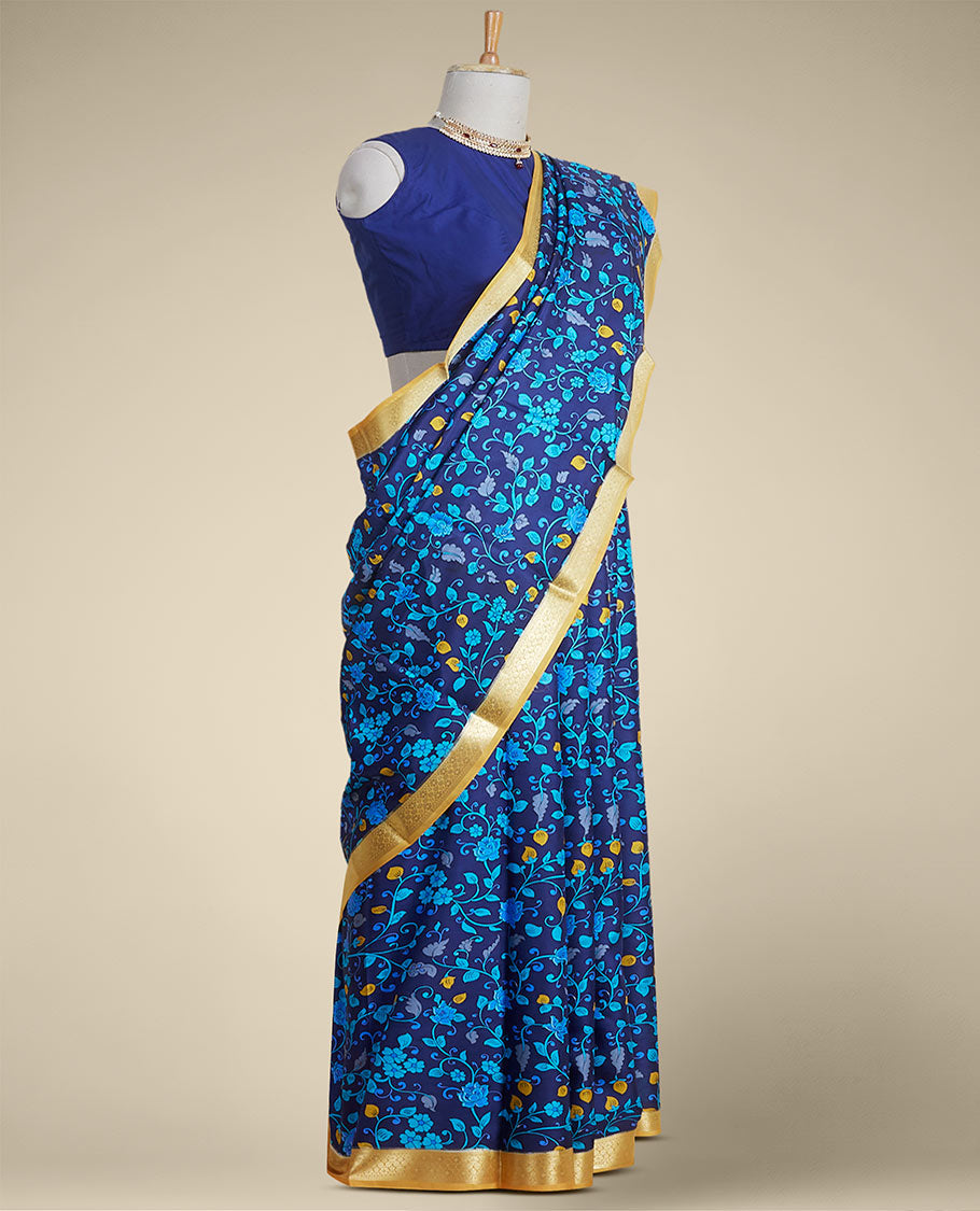 Blue floral vine design printed silk saree with contrast intricate zari border