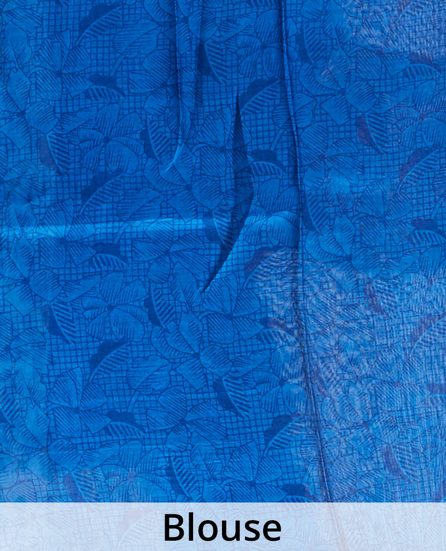Blue floral vine design printed silk saree with contrast striped zari border