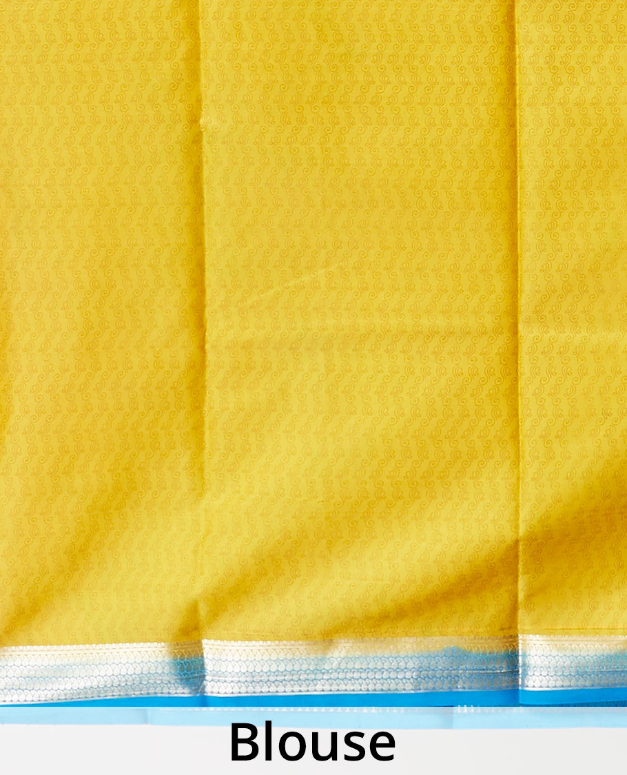 Yellow floral vine design printed silk saree with contrast striped zari border