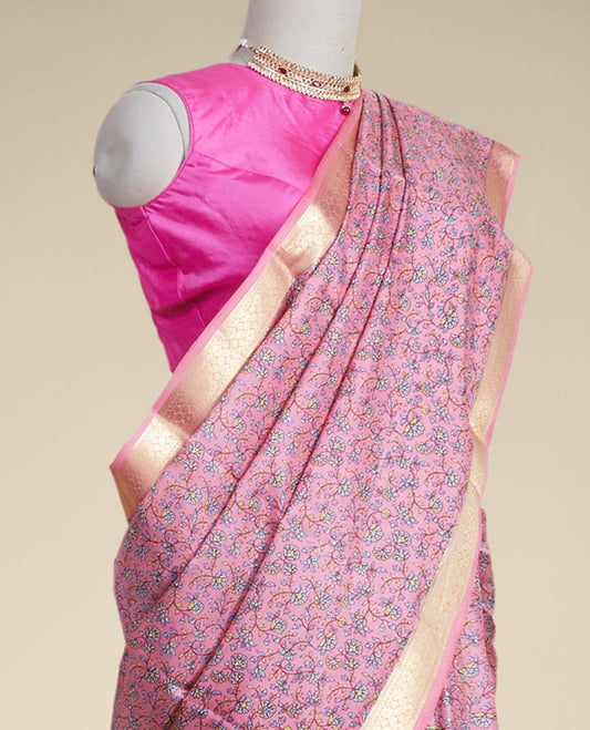 Pink floral vine design printed silk saree with contrast striped zari border