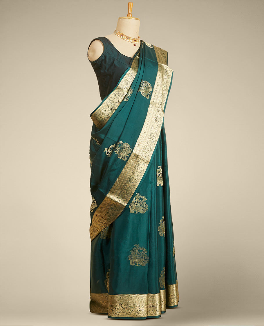 Green peacock motifs mysore silk saree with self intricate zari design border