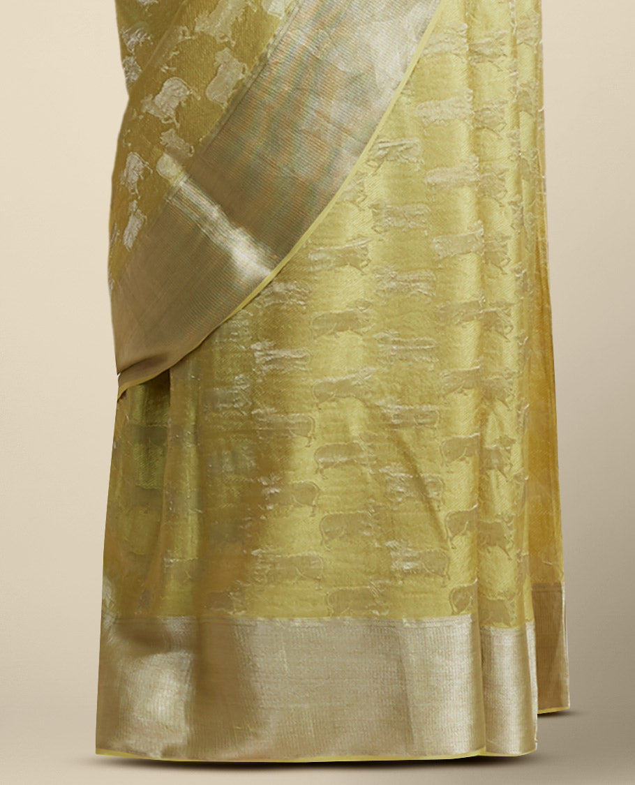 Yellow anial motifs pure crepe saree with self zari border
