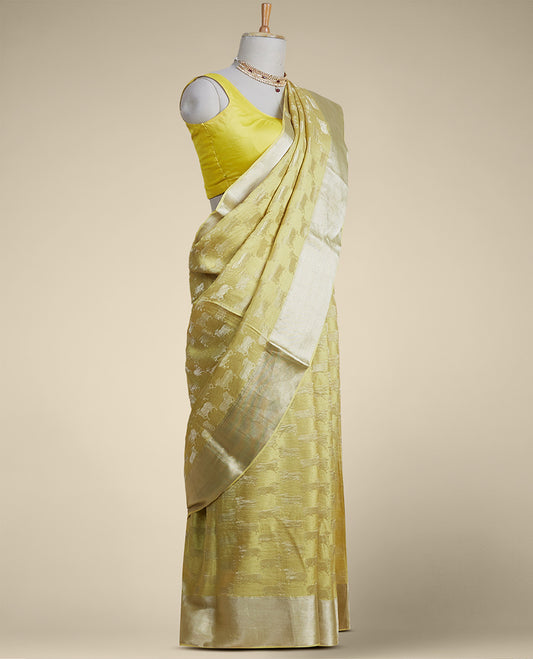 Yellow anial motifs pure crepe saree with self zari border