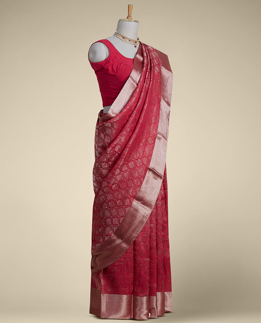 marron ogee patern pure crepe saree with self argyle design border
