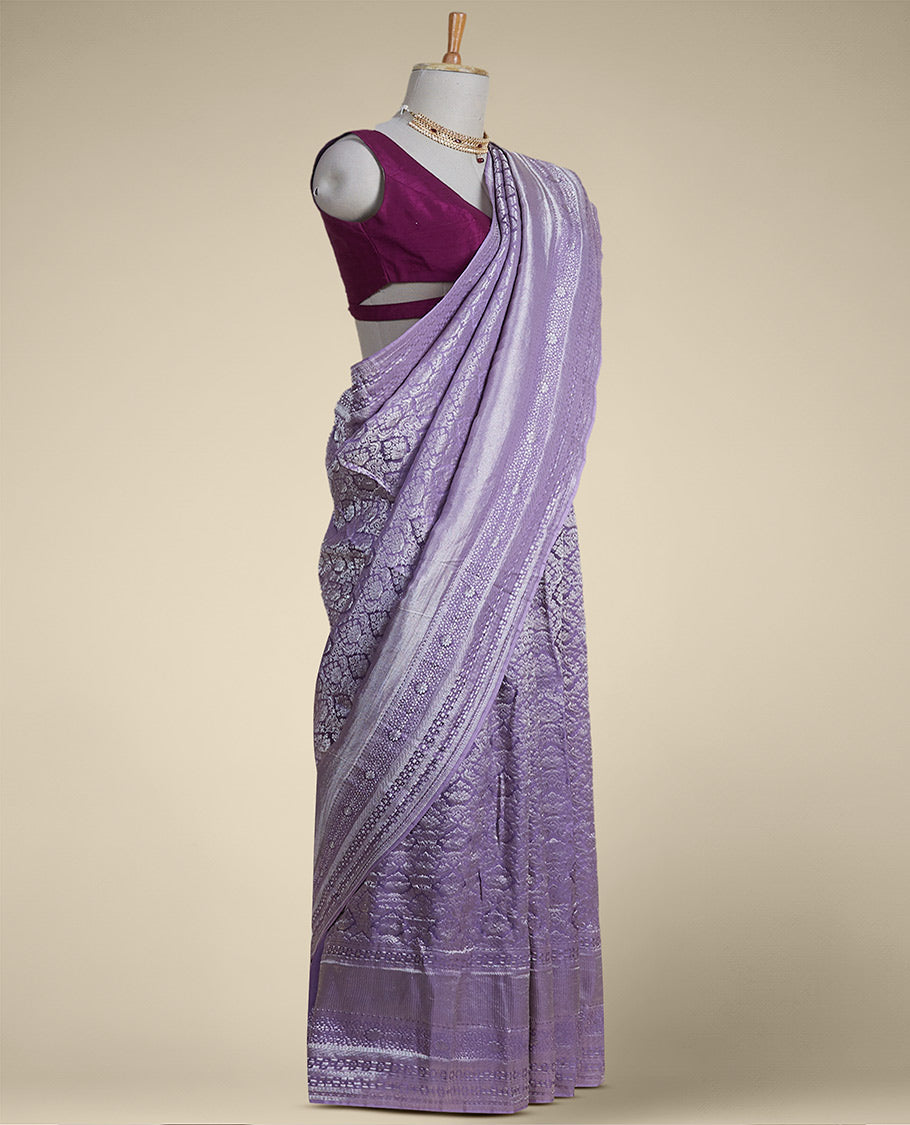 lavender intricate zari design pure crepe saree with self zari design border
