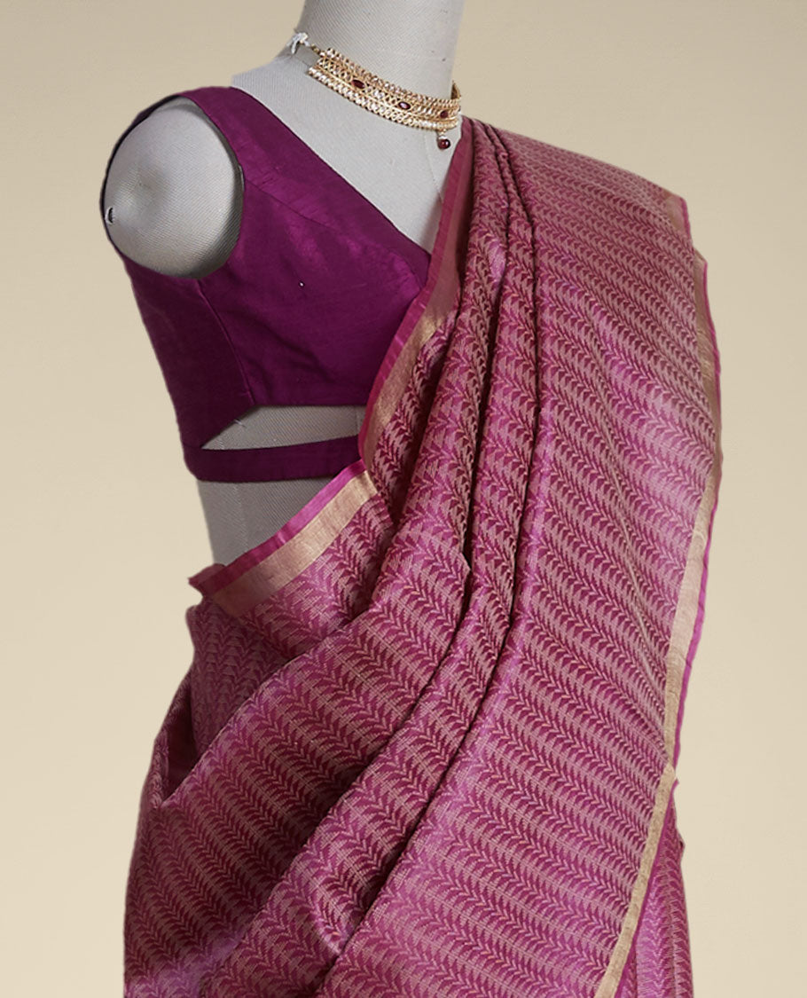 Red leaf vine design tussar silk saree with self zari design border