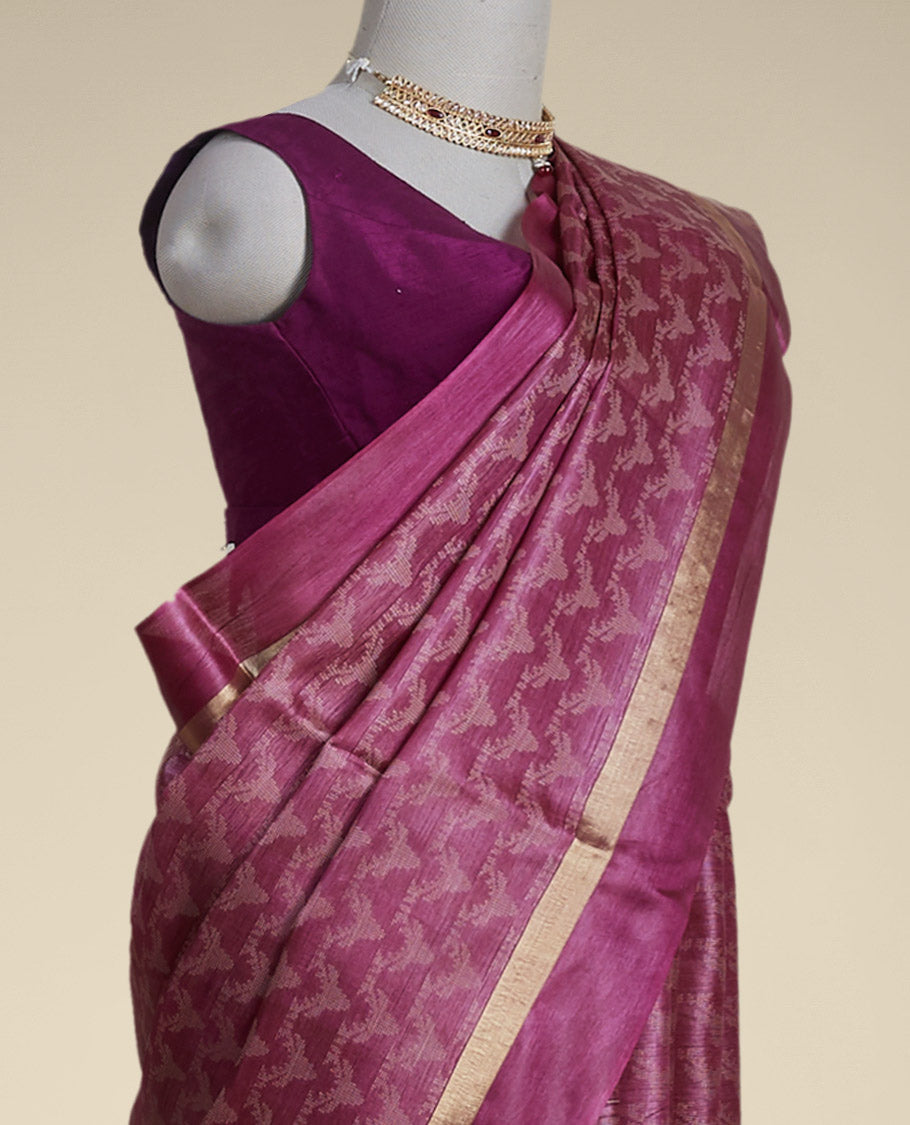 Purple animal motifs tussar silk saree with self zari border