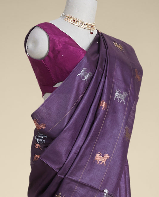 purple  animal motifs tussar silk saree with self zari border