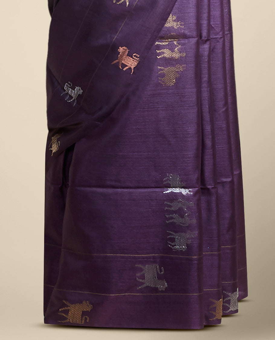 purple  animal motifs tussar silk saree with self zari border