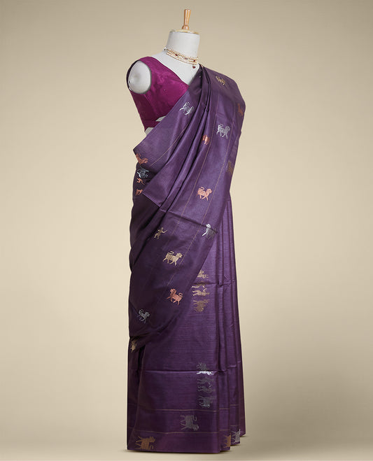 purple  animal motifs tussar silk saree with self zari border