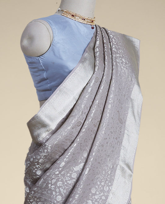Grey floral design pure crepe saree with self zari border