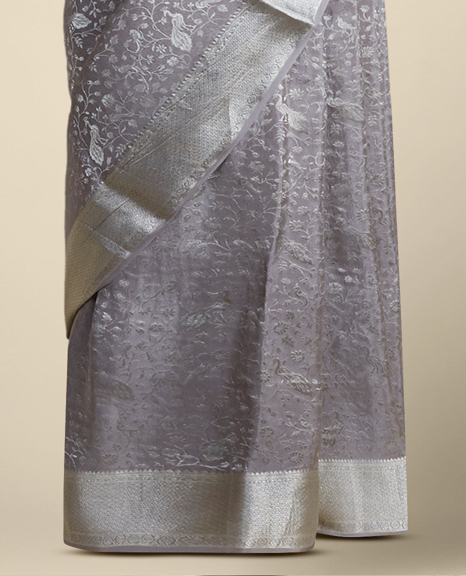 Grey floral design pure crepe saree with self zari border