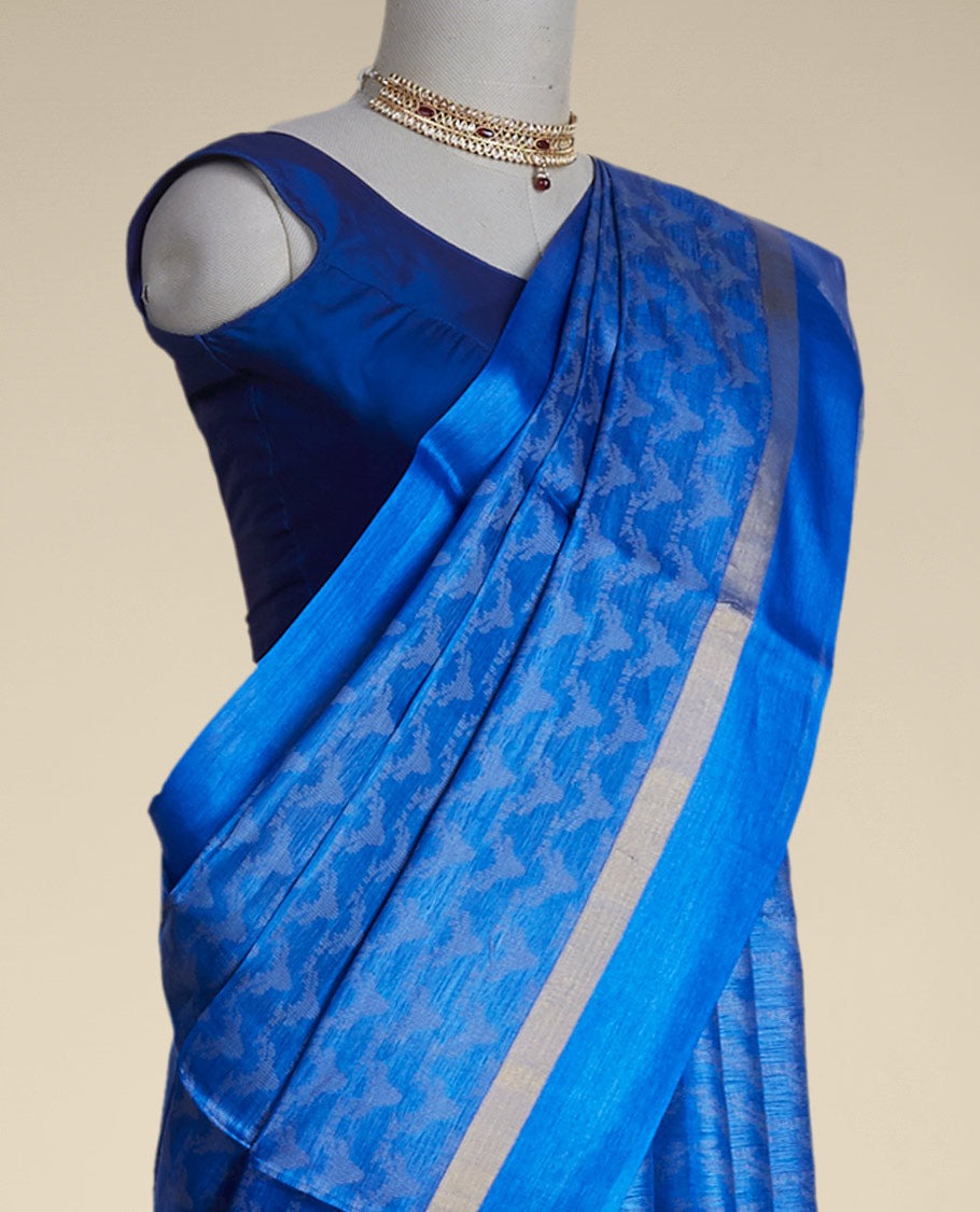 Blue intricate design tusser silk saree  with self zari border