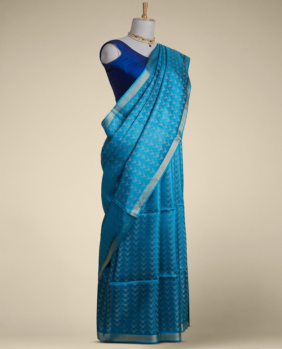 Blue intricate design tusser silk saree  with self zari border