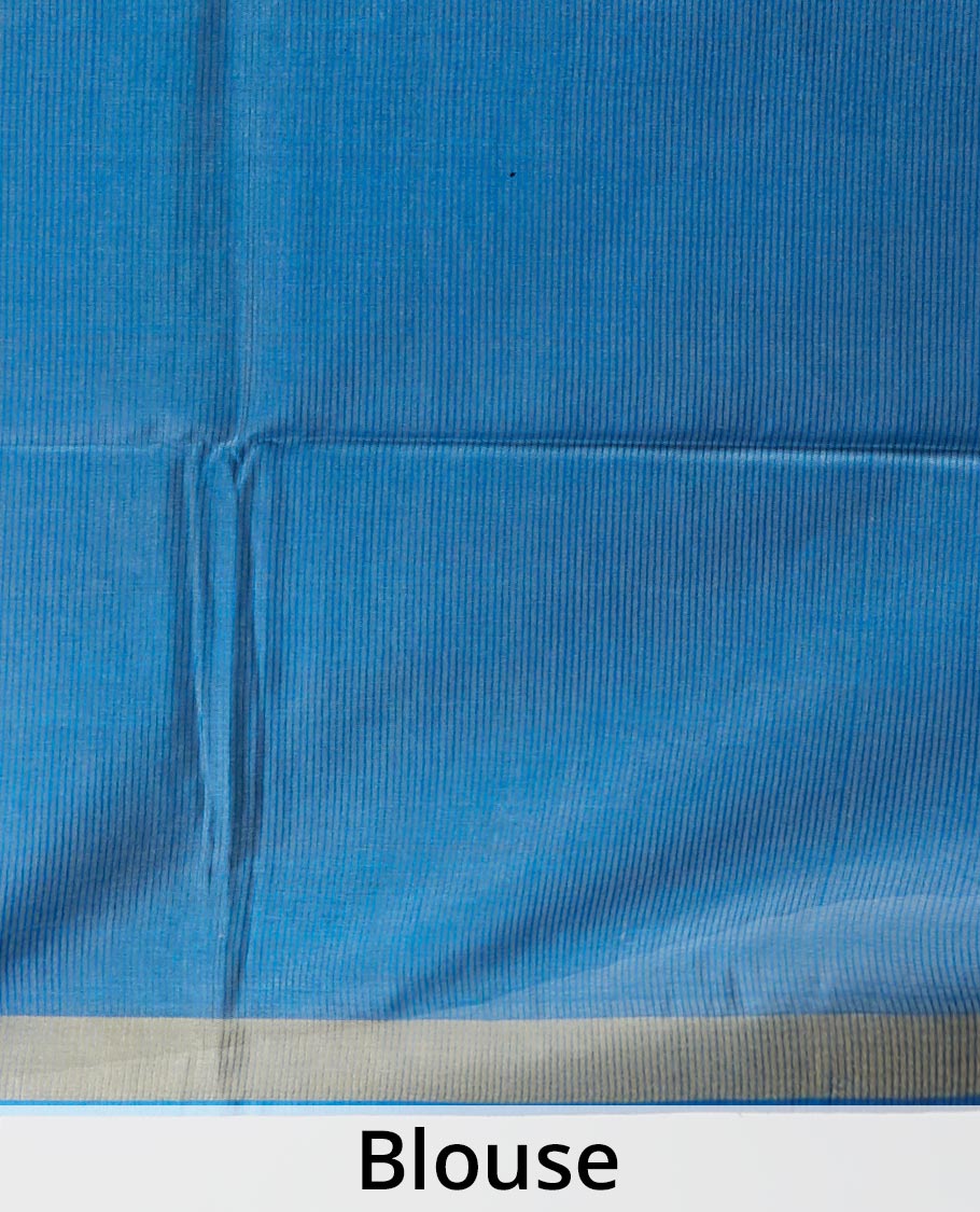 Blue leaf design tusser silk saree with self zari border