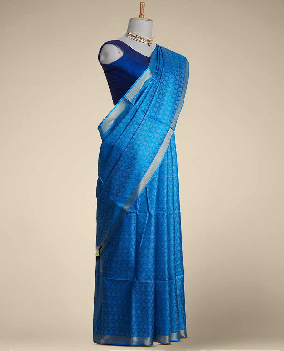 Blue leaf design tusser silk saree with self zari border