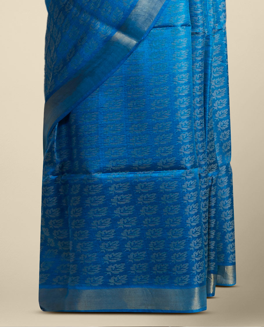 Blue leaf design tusser silk saree with self zari border