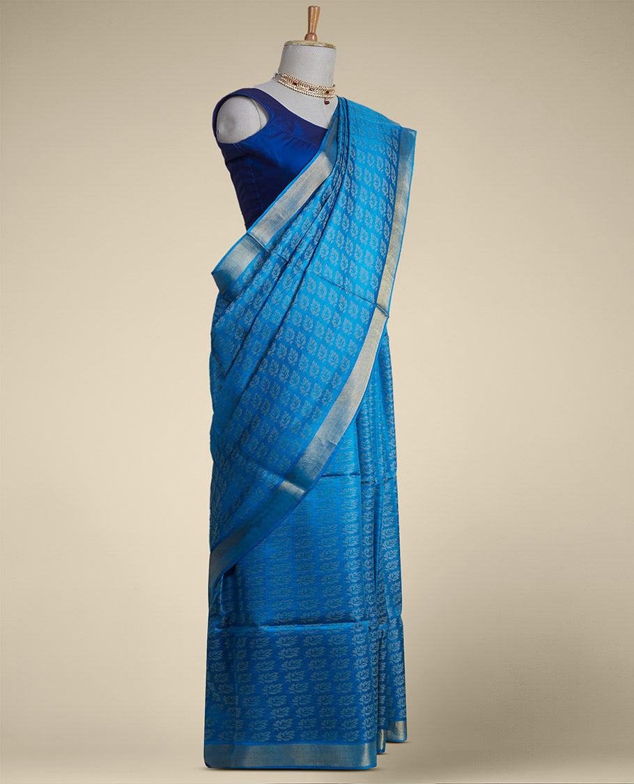 Blue leaf design tusser silk saree with self zari border