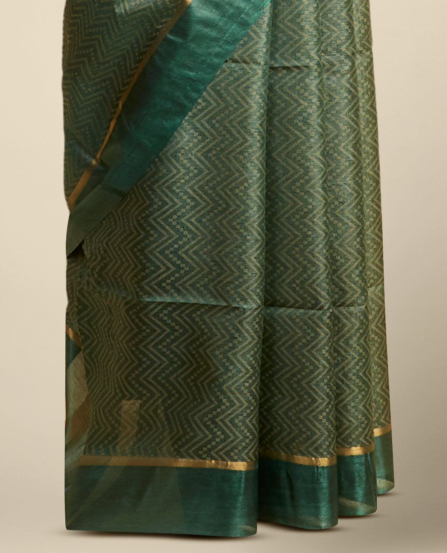 Green zig- zag striped design tusser silk saree with contrast zari border