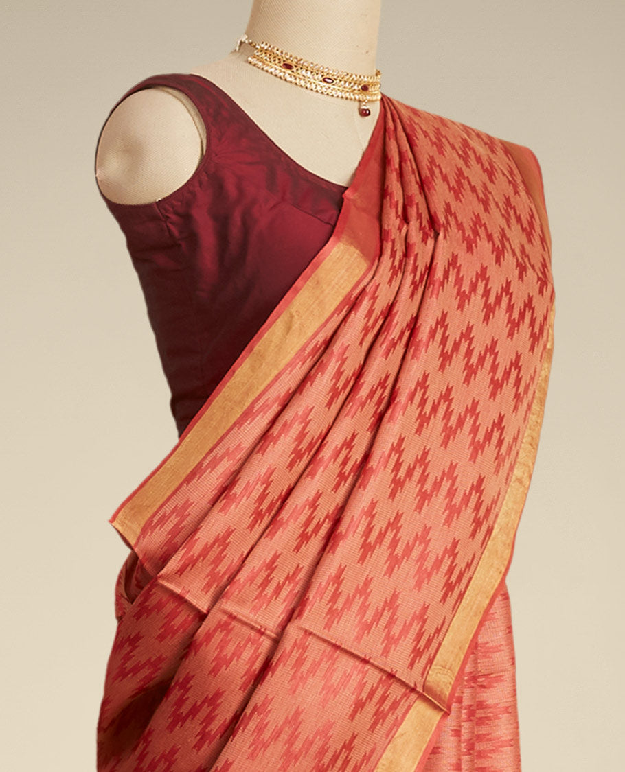 Red zig- zag striped design tusser silk saree with contrast zari border