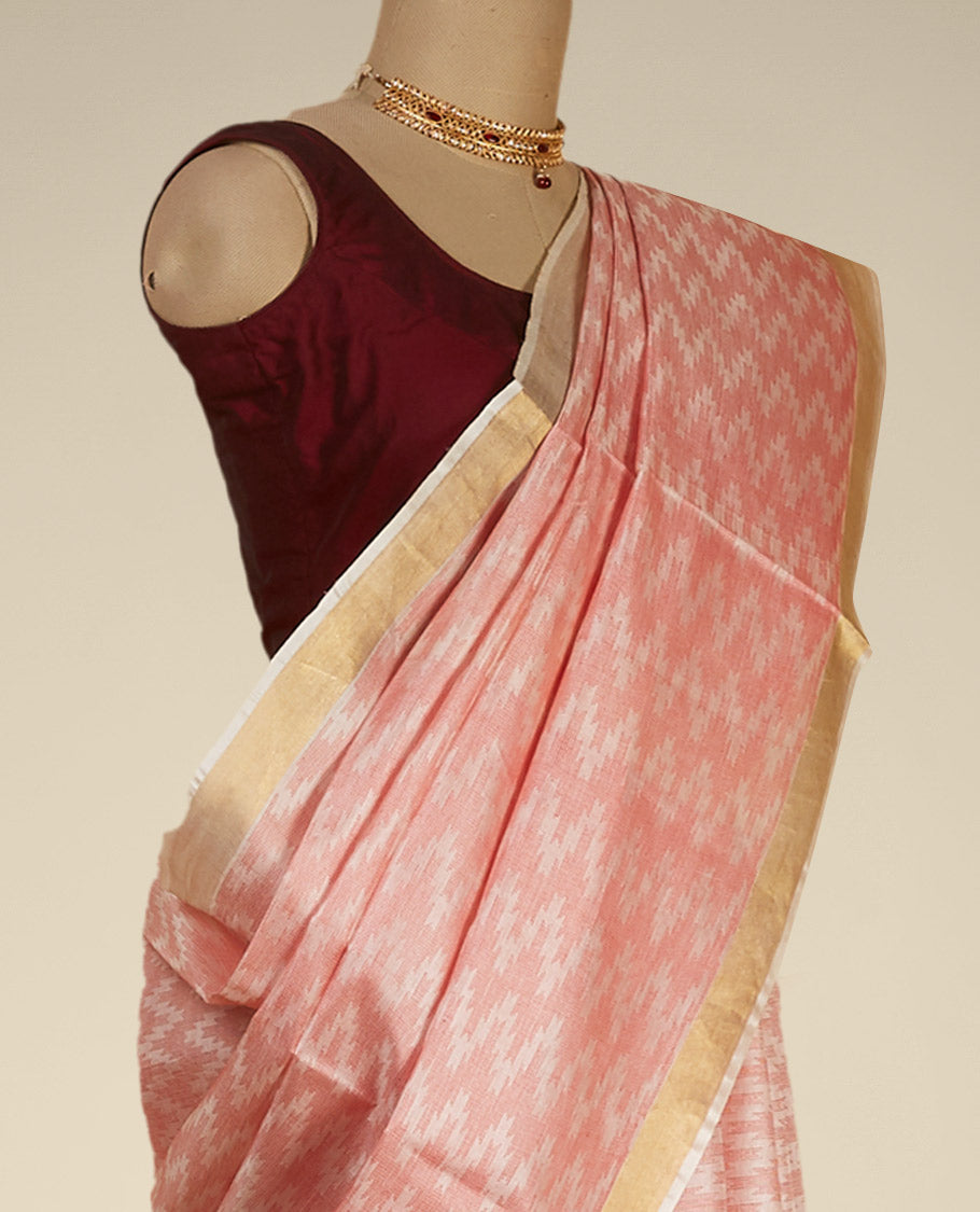 Red zig- zag striped design tusser silk saree with contrast zari border