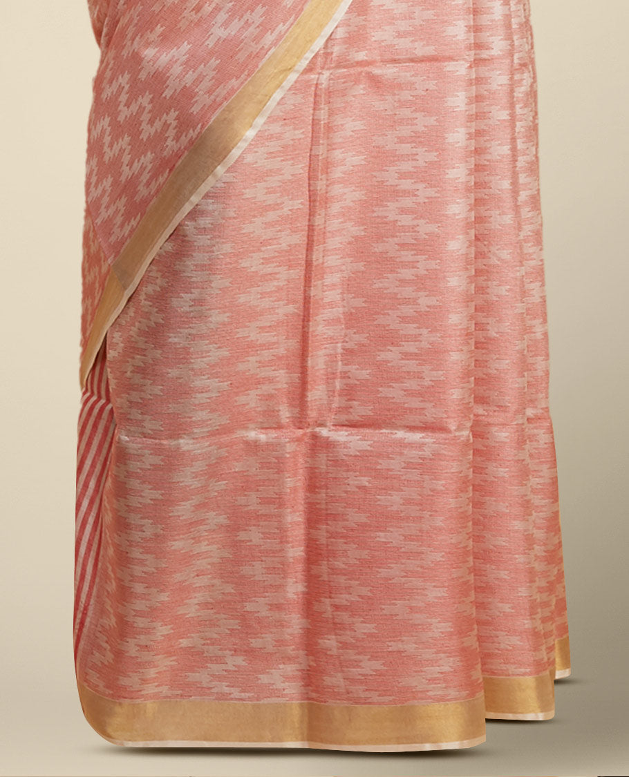 Red zig- zag striped design tusser silk saree with contrast zari border
