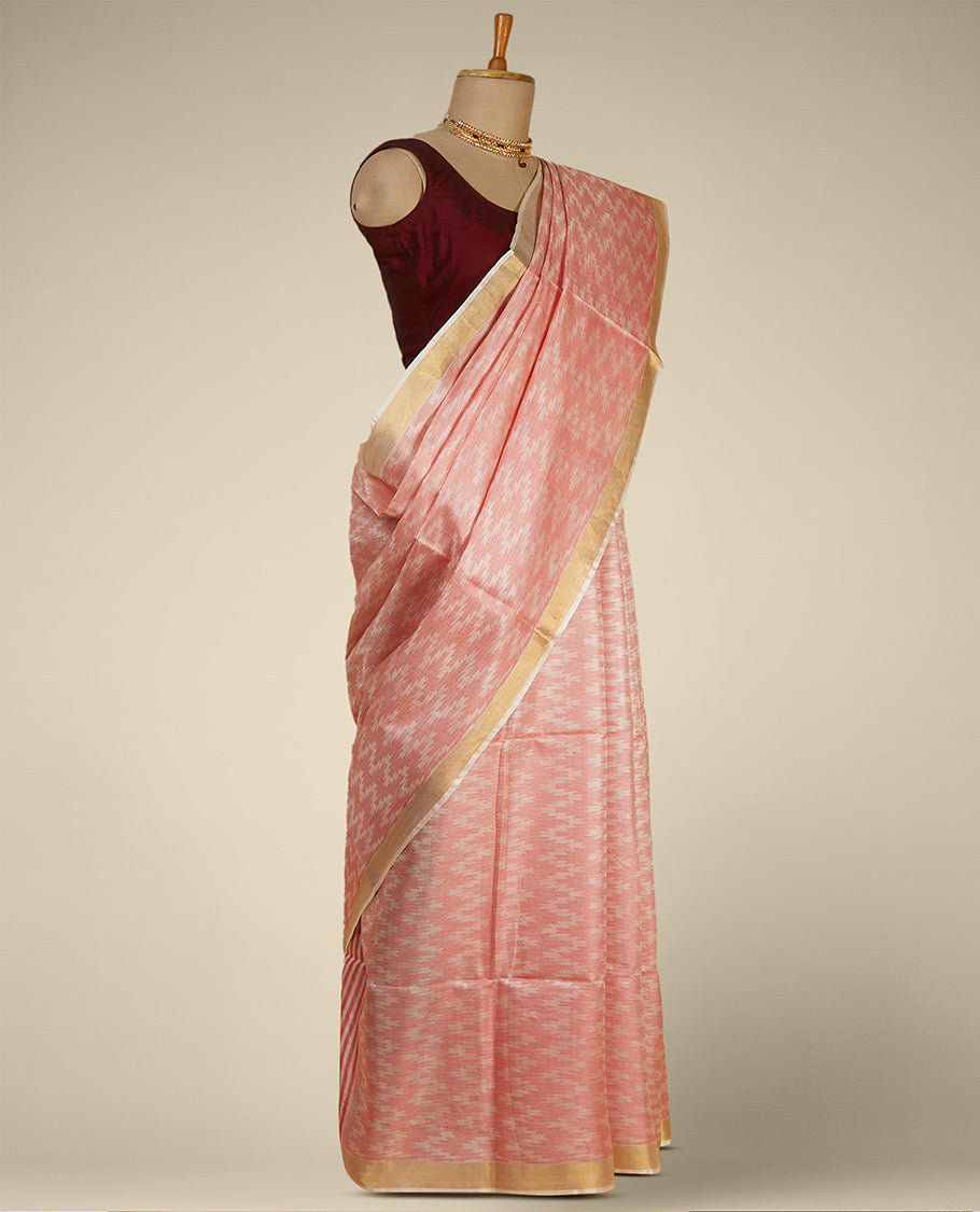 Red zig- zag striped design tusser silk saree with contrast zari border