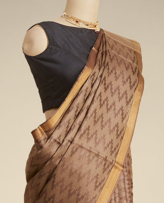 Brown zig- zag striped design tusser silk saree with contrast zari border