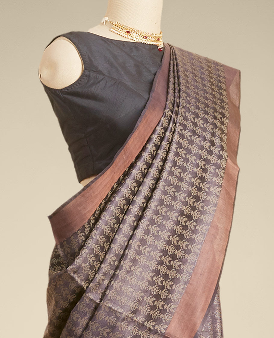 Brown floral design tusser silk saree with self zari border