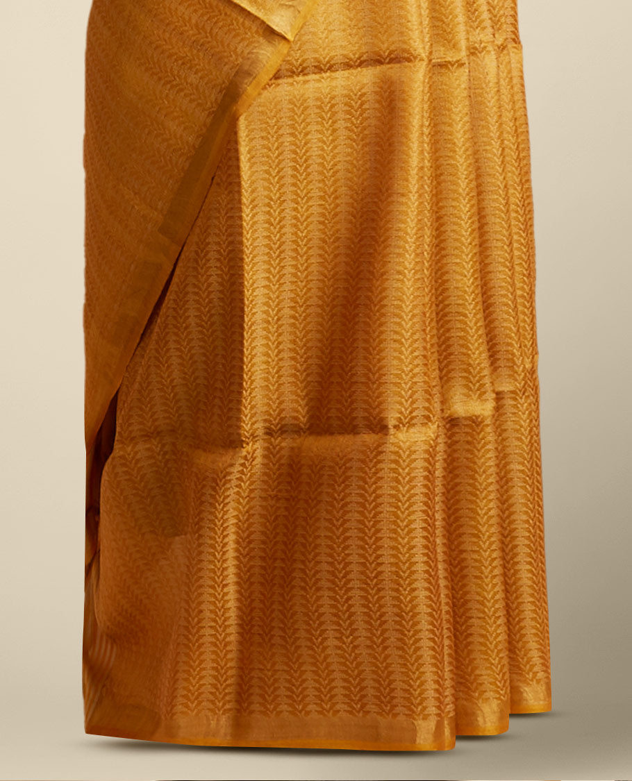 Yellow leaf vine design tusser silk saree with self zari border