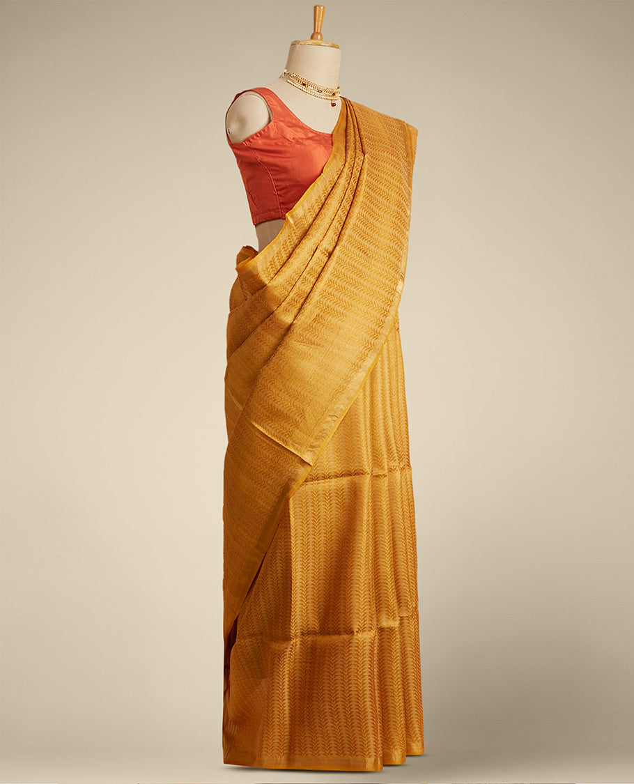 Yellow leaf vine design tusser silk saree with self zari border