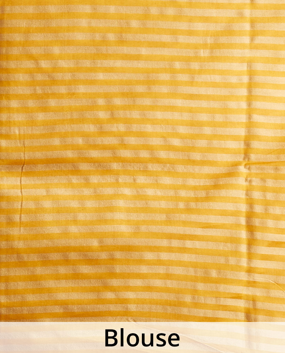 Yellow leaf vine design tusser silk saree with self zari border