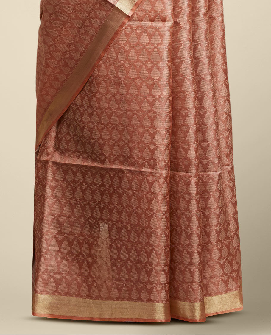 Brown leaf motifs design tusser silk saree with self zari border