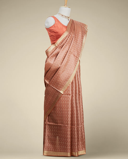 Brown leaf motifs design tusser silk saree with self zari border