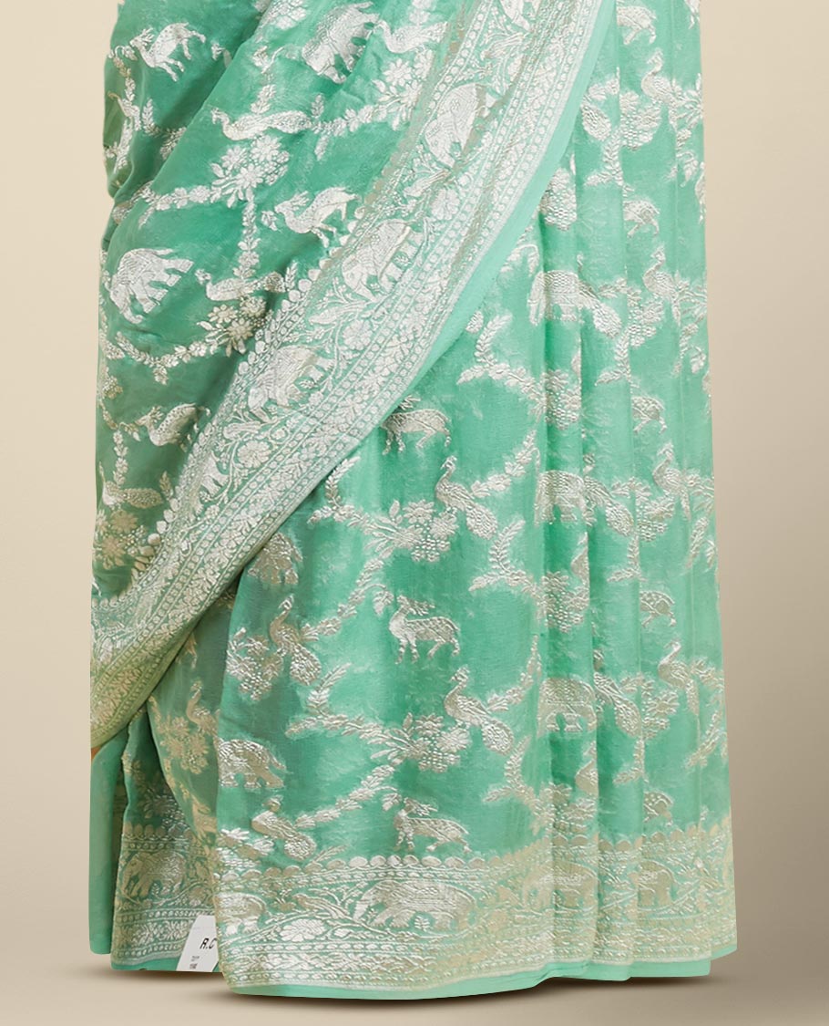 Green leaf motifs banaras georgette saree with traditional zari border