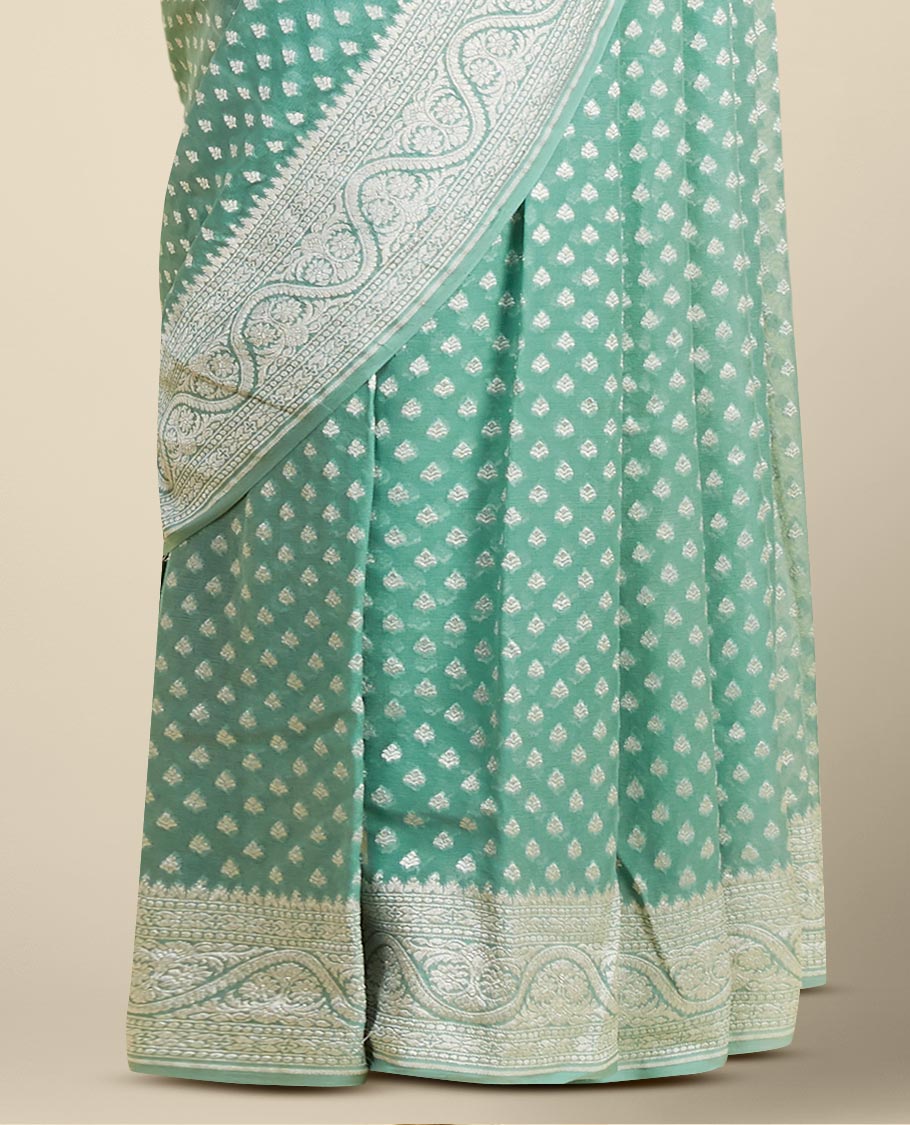 Green leaf motifs banaras georgette saree with traditional zari border