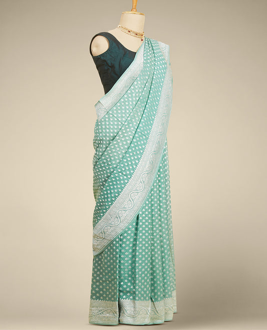 Green leaf motifs banaras georgette saree with traditional zari border