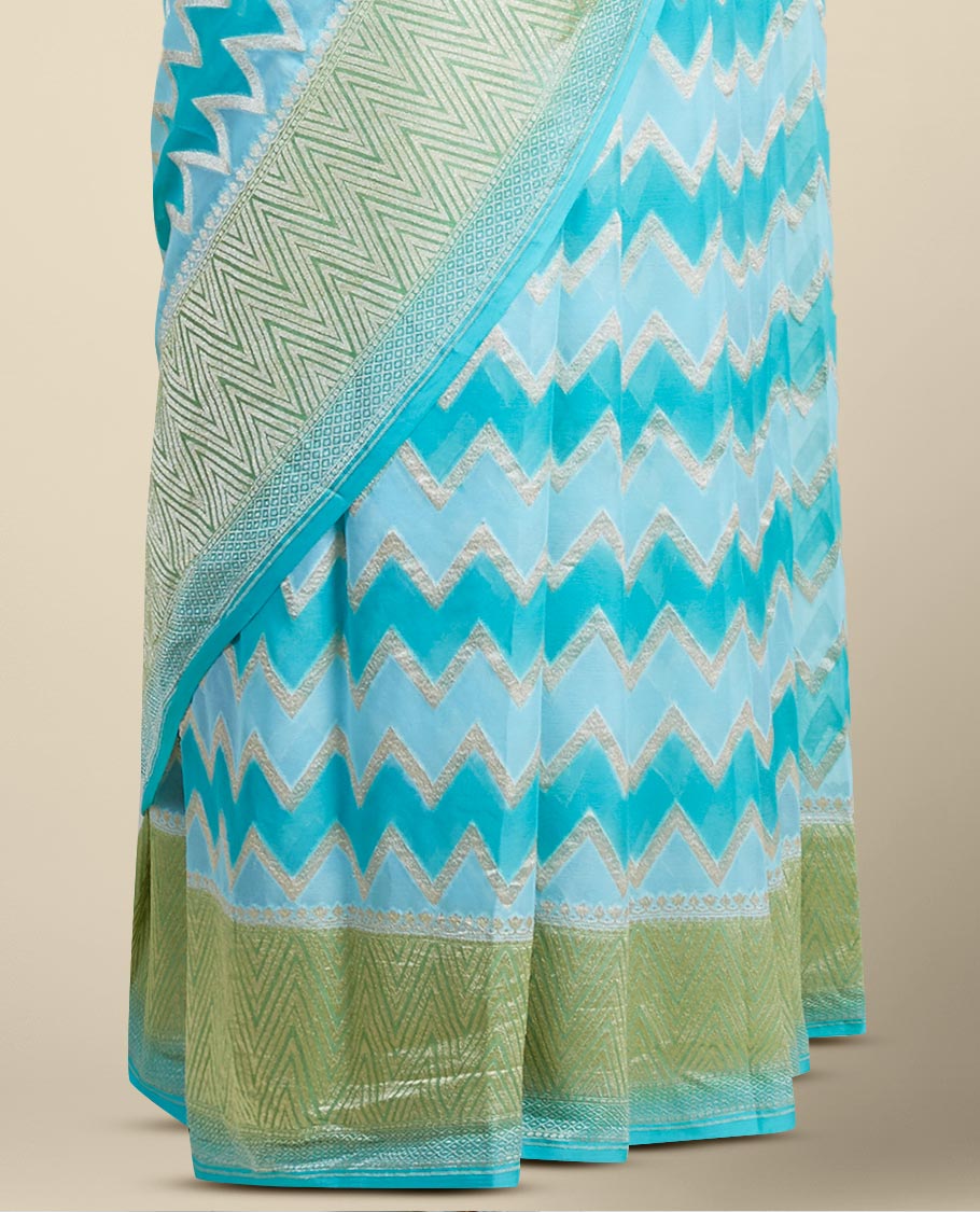 Blue rangkat style banaras georgette saree with zig zag striped zari border
