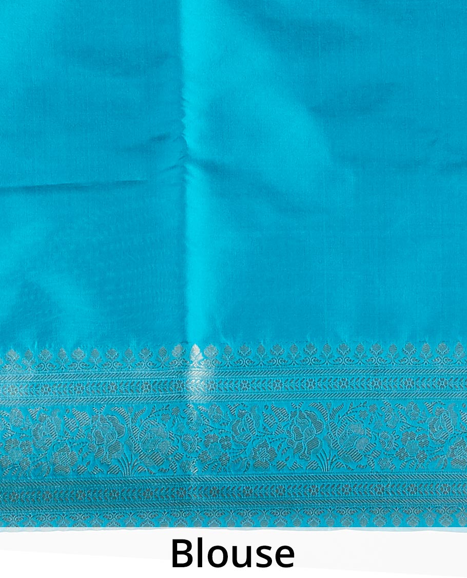 Blue ogee design banaras silk saree with self floral zari border