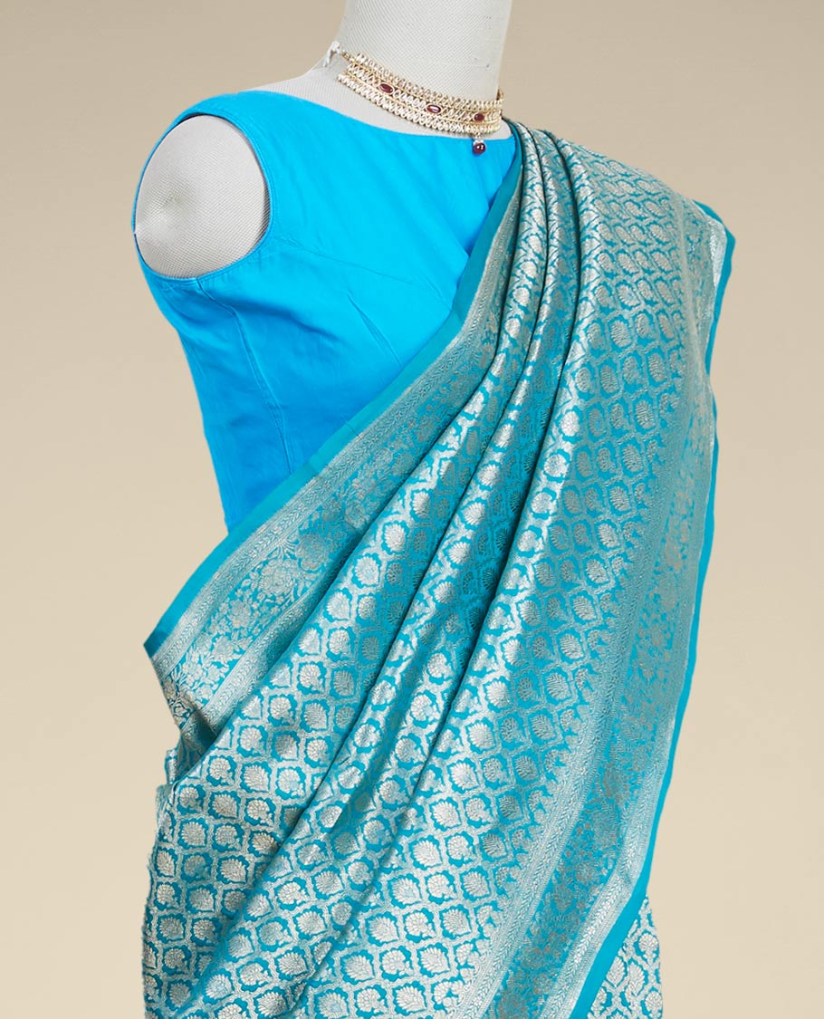 Blue ogee design banaras silk saree with self floral zari border