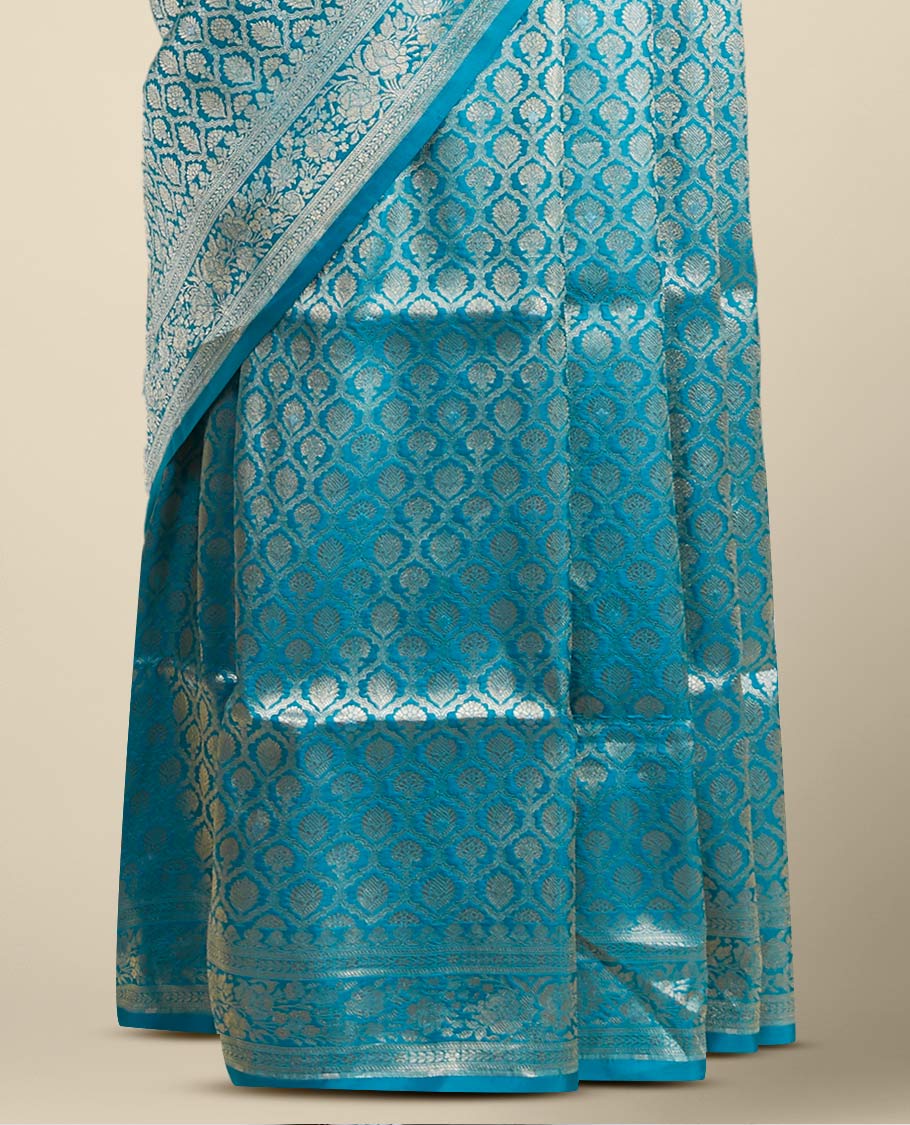 Blue ogee design banaras silk saree with self floral zari border