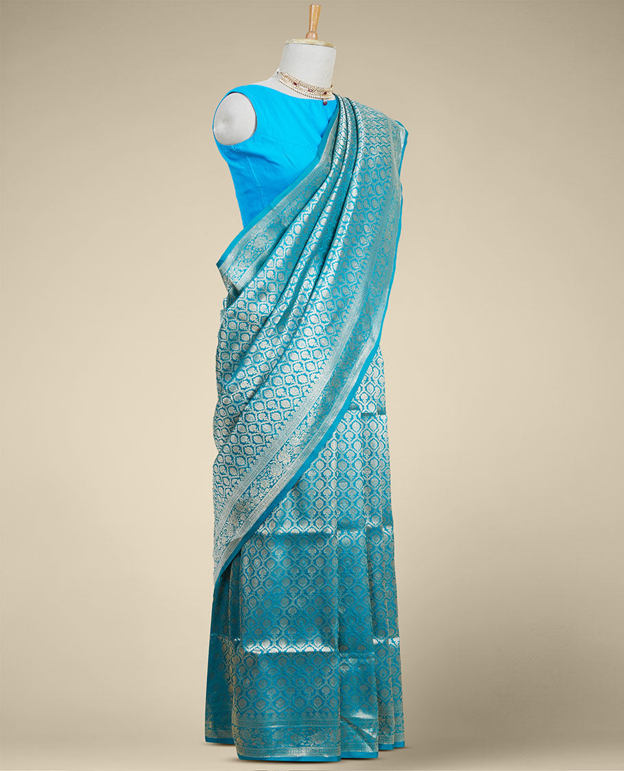 Blue ogee design banaras silk saree with self floral zari border