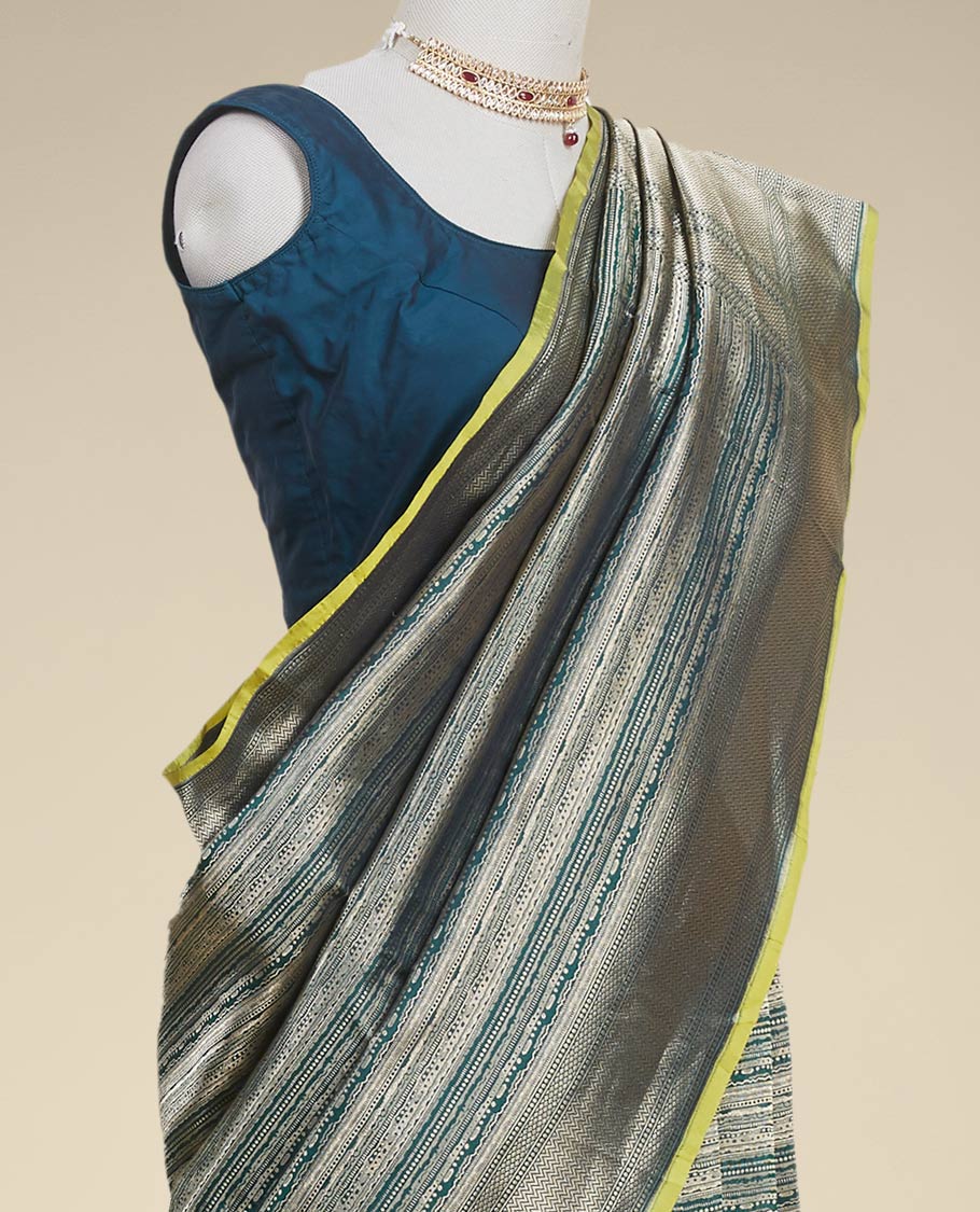 Green striped banaras silk saree with argyle pattern border