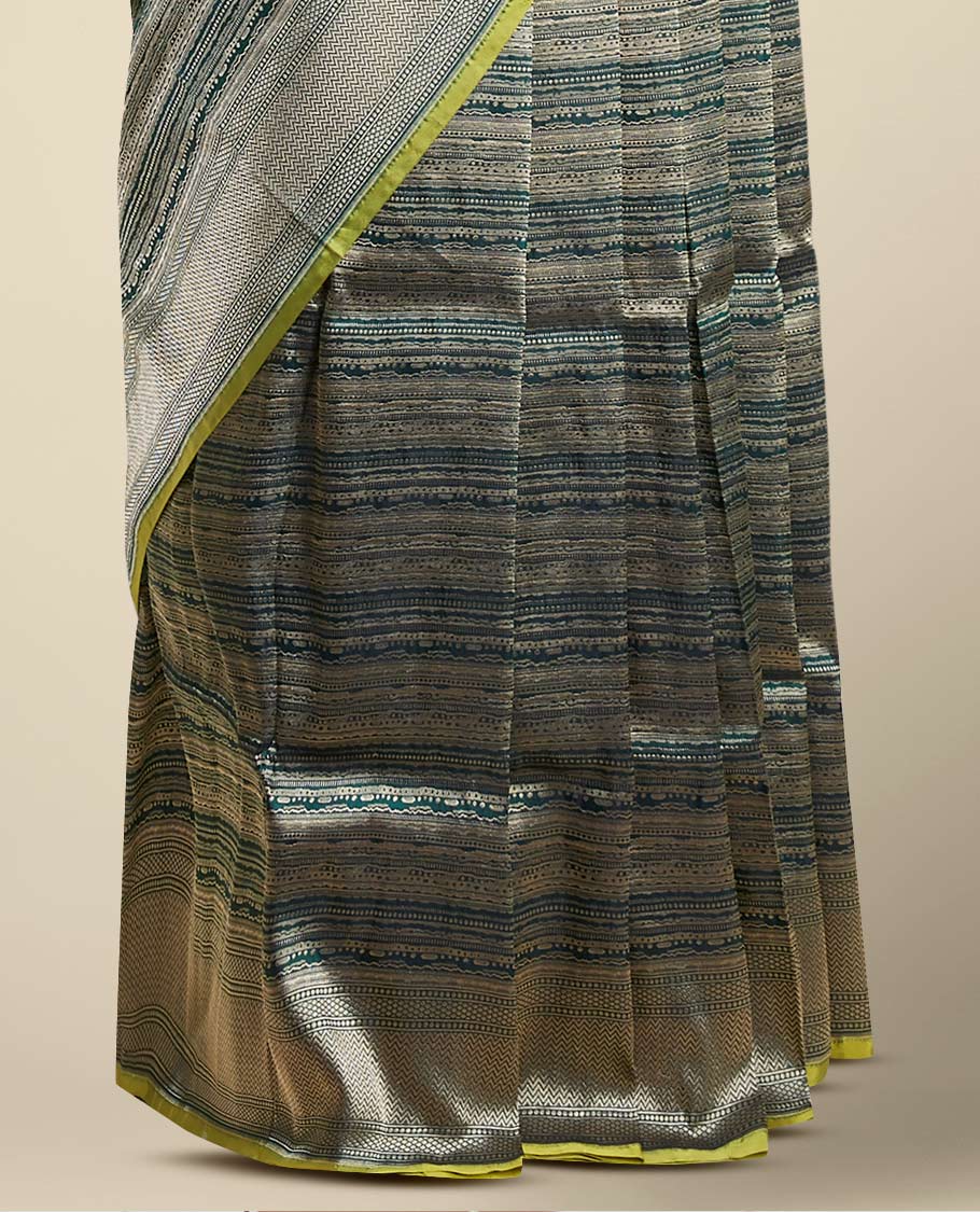 Green striped banaras silk saree with argyle pattern border