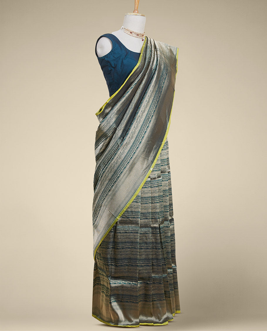 Green striped banaras silk saree with argyle pattern border