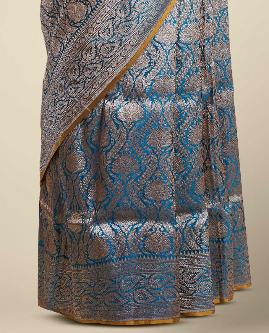 Blue jacquard banaras silk saree with self paisleys design border
